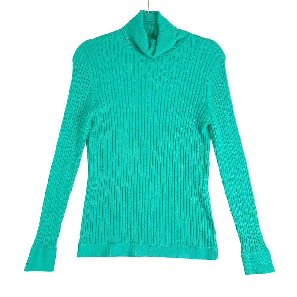 Talbots Womens Teal Turquoise Cable Knit Turtleneck Sweater Large CN4945 08/14